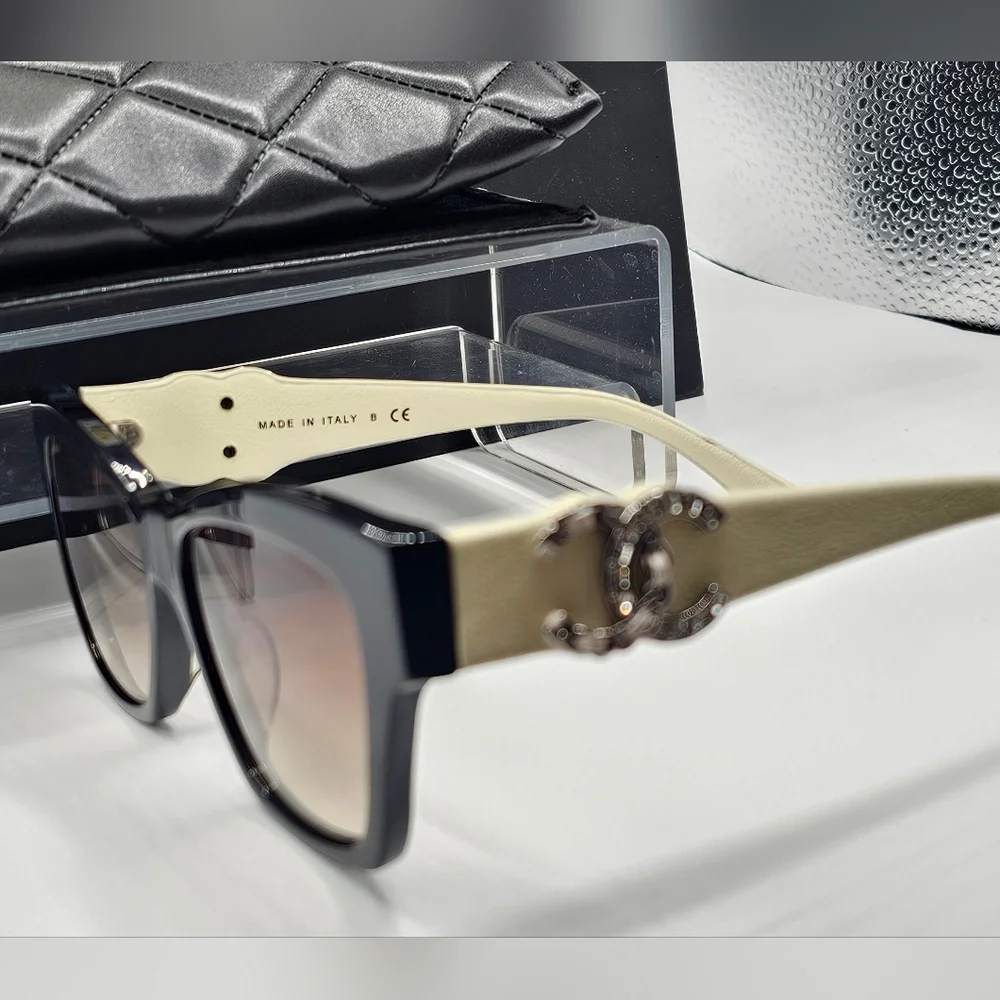 CHANEL CREAM AND BLACK SUNGLASSES CRYSTAL 5456QA C501S5 - Picture 5 of 12